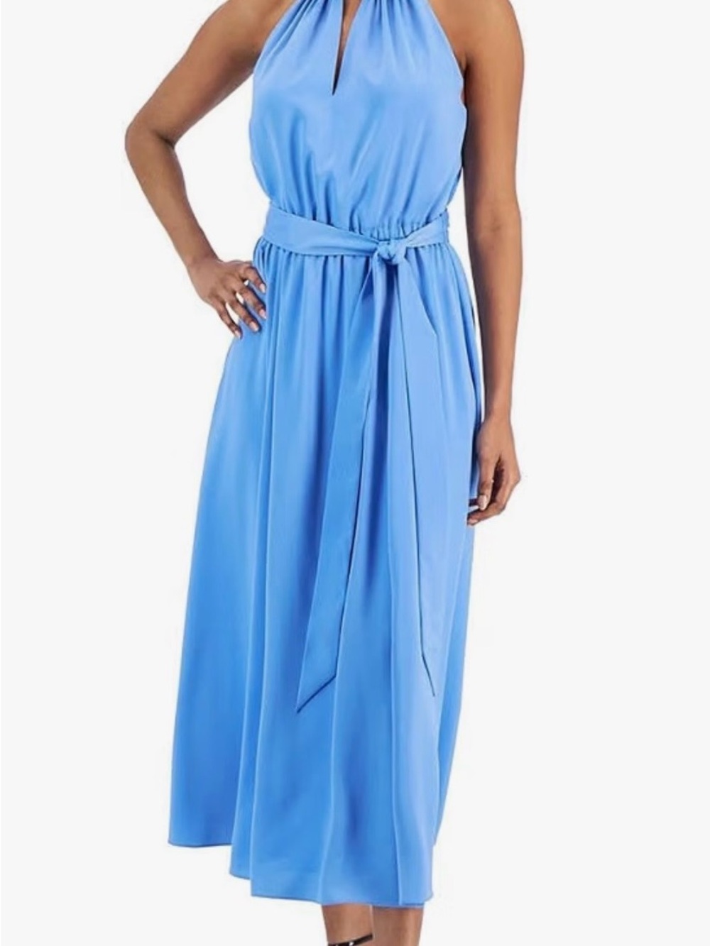 Anne Klein Cornflower Blue Halter Midi Dress with Tie Waist